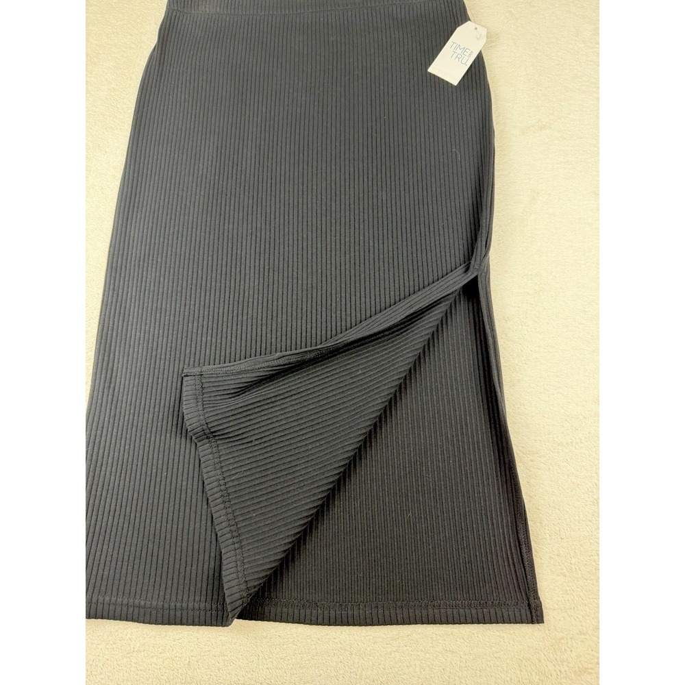 TIME & TRU Black Rib Knit Stretch Elastic Waist Side Slit Midi Column Skirt M - Picture 3 of 10